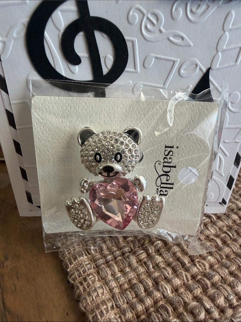 Isabella Silver Teddy Bear Brooch with Pink Heart Gem